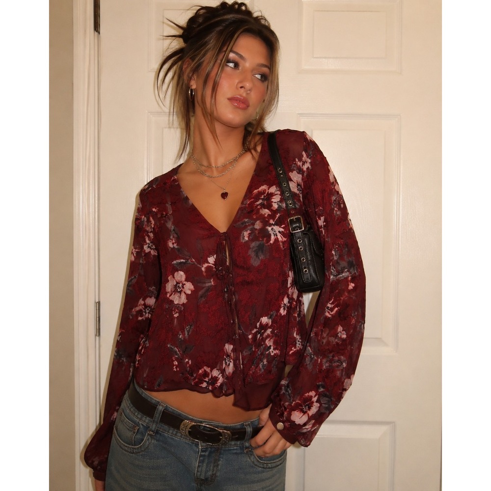 45% Silk Burgundy Floral Sheer Blouse Size 10 LG Y2K Boho Gothic Romantic